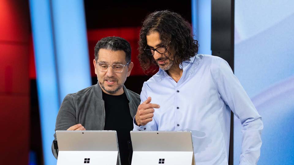 Microsoft Chief Product Officer Panos Panay and Applied Sciences head Steven Bathiche unveil new A.I. features in Windows and Surface