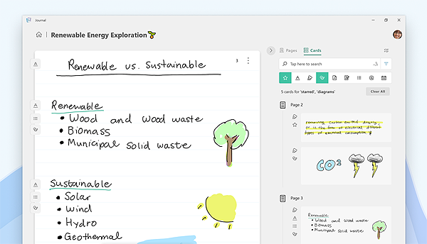 A screen shot of the Journal app showing a page of handwritten text and sketches