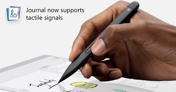 Screenshot of text, Journal now supports tactile signals, with an image showing a hand using a digital pen