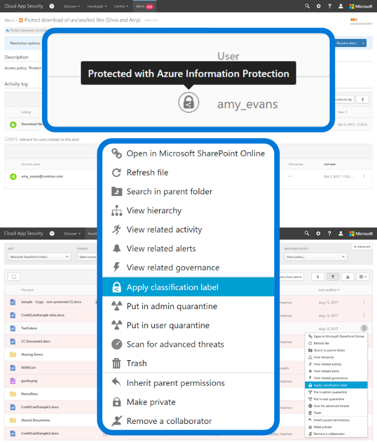 لقطة شاشة تعرض تحديد "تطبيق تسمية التصنيف" من قائمة منسدلة في حماية البيانات في Azure. ‏