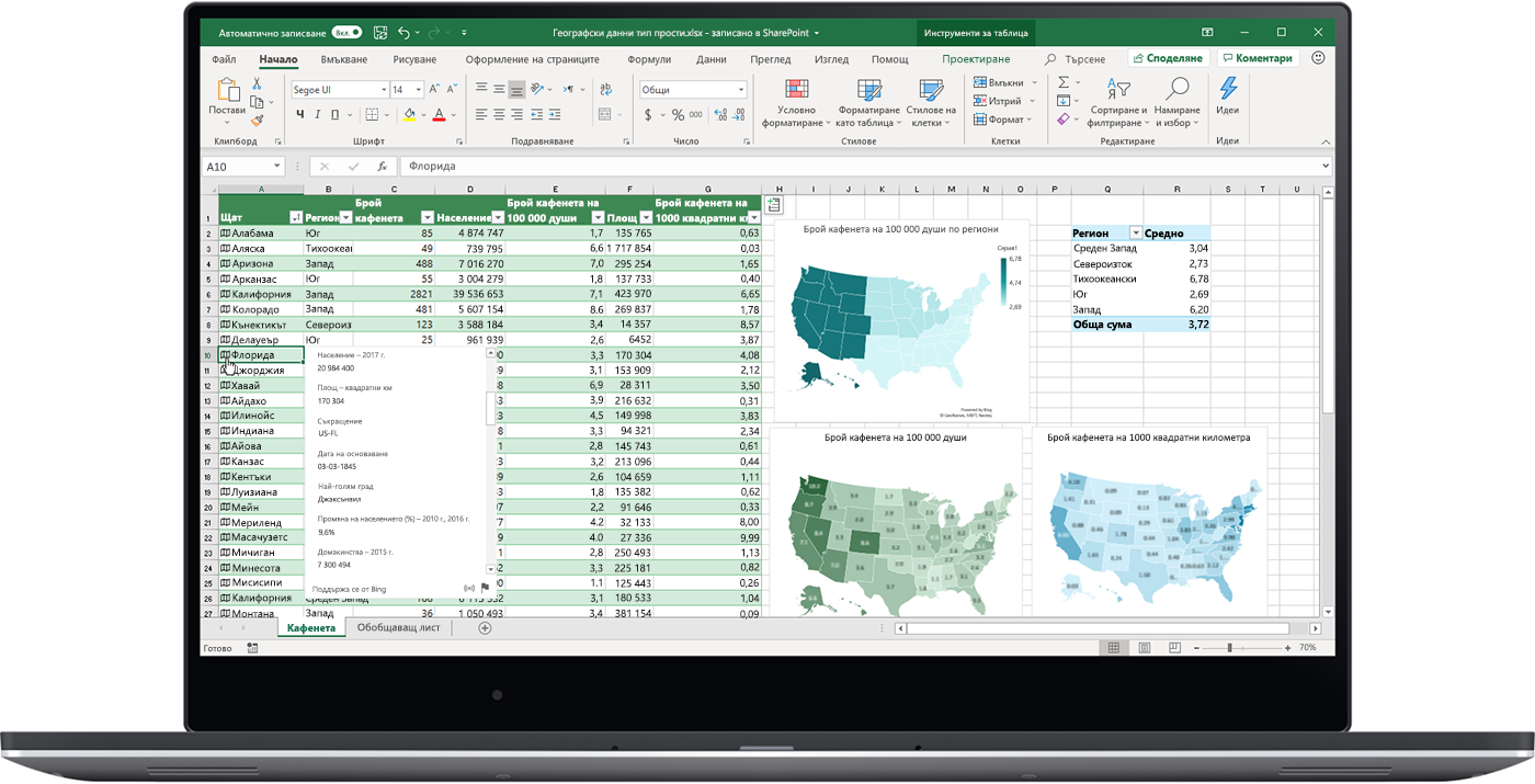 Изображение на електронна таблица на Excel, отворена на лаптоп. Използват се типове данни.