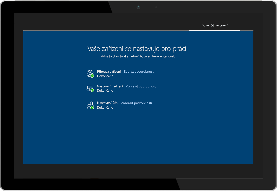 Obrázek tabletu se zobrazenou funkcí Windows AutoPilot – stránka s informacemi o stavu registrace