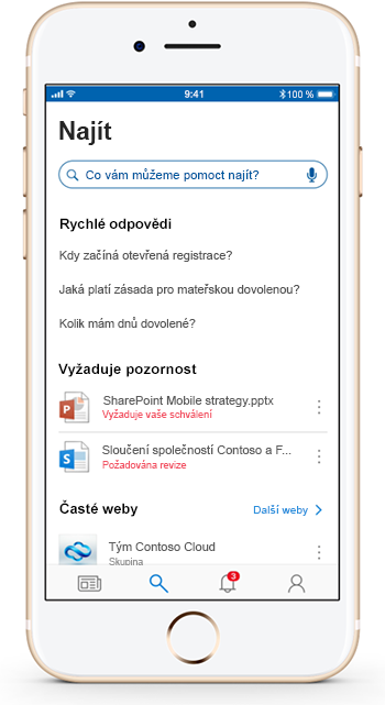 Obrázek ukazuje mobilní zařízení s otevřenou mobilní aplikací SharePoint.