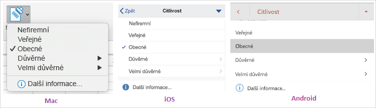 Snímek obrazovky s rozevíracím seznamem citlivosti dat zobrazeným na Macu, v iOSu a v Androidu
