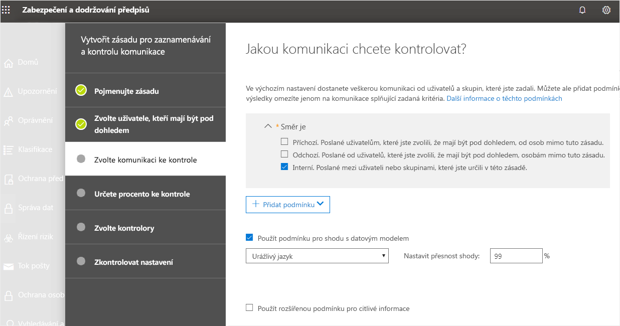 Snímek obrazovky centra zabezpečení a dodržování předpisů, ve kterém uživatel vybírá komunikaci ke kontrole. Zaškrtává možnost Interní.