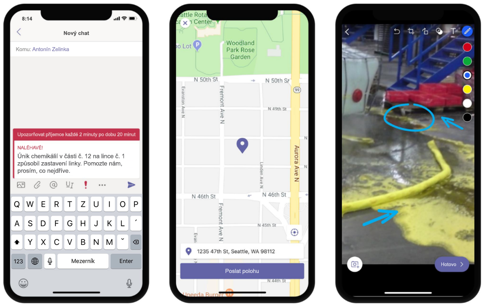 Snímek tří telefonů, na kterých se zobrazují naléhavé zprávy, sdílení informací o poloze a poznámky k obrázku v aplikaci Teams.