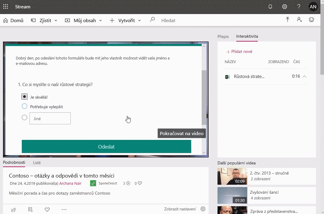 Snímek obrazovky s videem přehrávaným v Microsoft Streamu