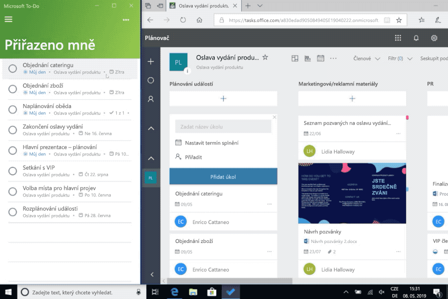 Snímek obrazovky integrace aplikací Microsoft To-Do a Planner