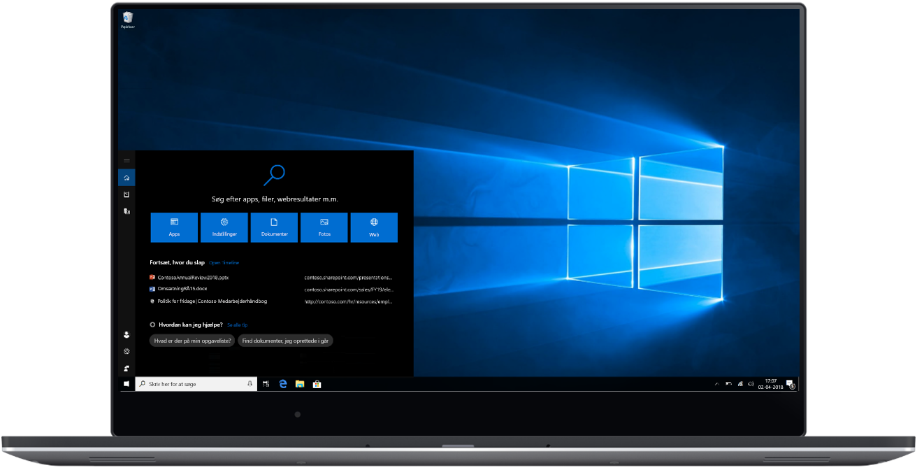 Et billede viser brug af Microsoft Søg på Windows-startskærmen.