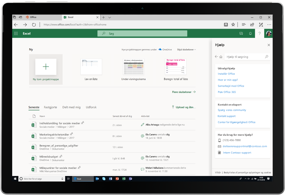 Et skærmbillede, der viser en Excel-fane, der er åbnet i Office Online.