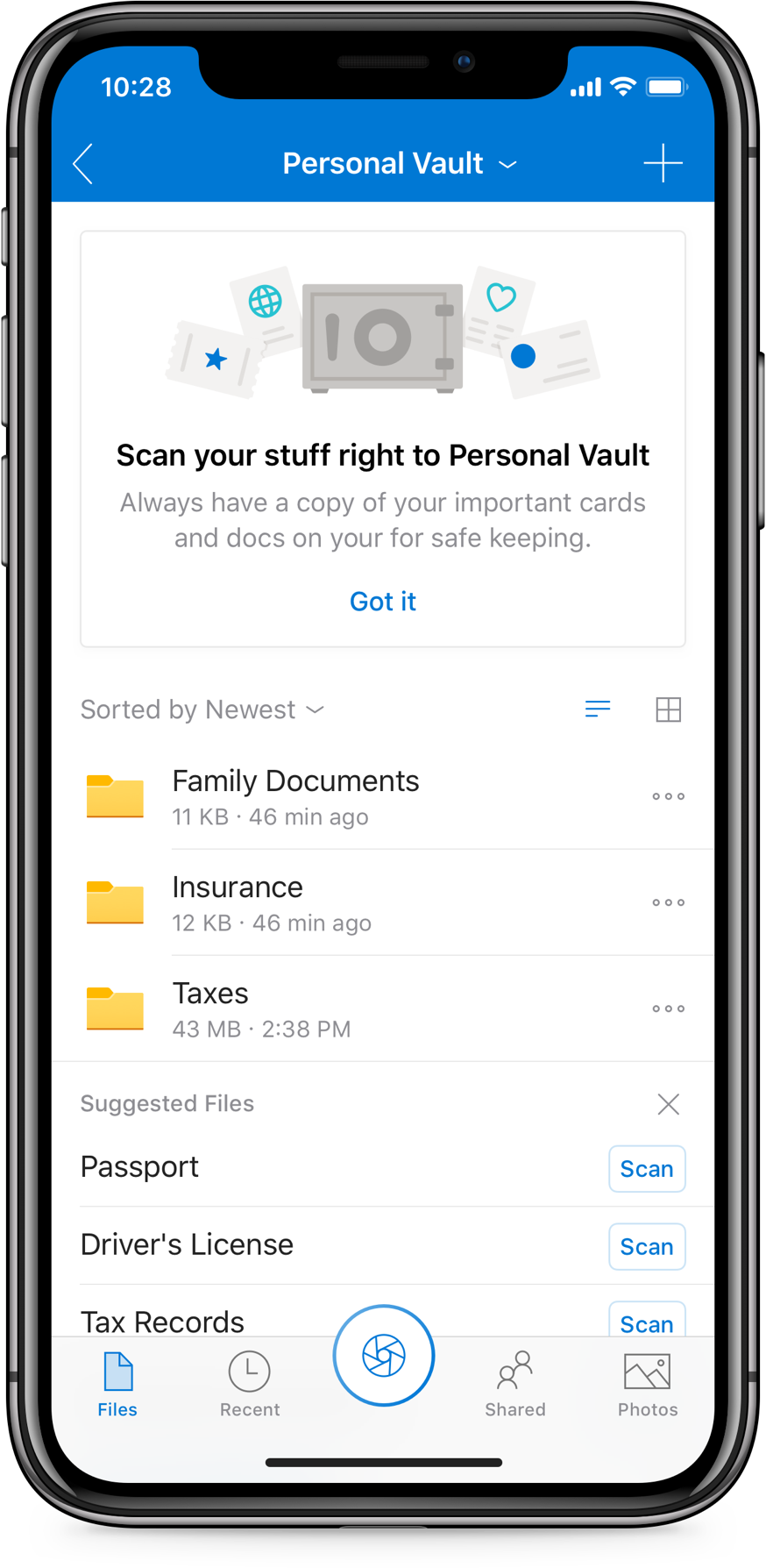 Billede, der viser mulighed for scanning af uploadede filer i Personlig boks på OneDrive.