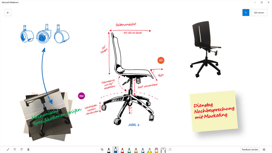 Konstruktionsskizze für einen Bürostuhl in Microsoft Whiteboard