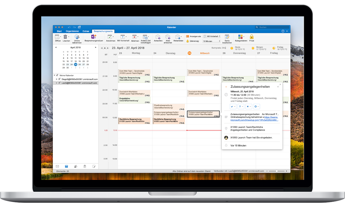 Ein geöffneter Laptop, auf dem "Zeitzonenoptionen" im Outlook-Kalender angezeigt wird