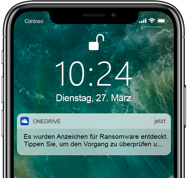 Screenshot eines Smartphones mit einer Benachrichtigung der Ransomware-Erkennung und Dateiwiederherstellung