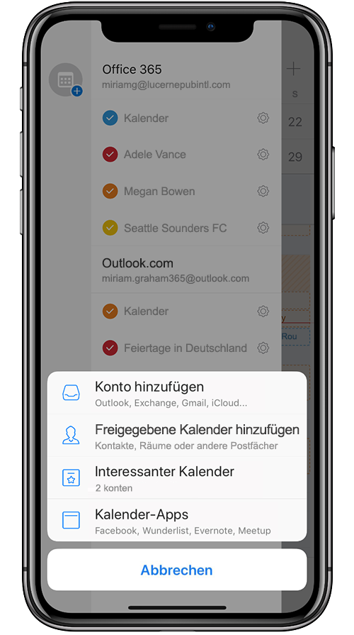 Abbildung eines mobilen Geräts beim Hinzufügen eines freigegebenen Kalenders in Outlook Mobile