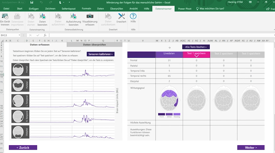 Screenshot einer Arbeitsmappe zur Messung von Erschütterungen des Gehirns mit dem Datenstreamer in Excel