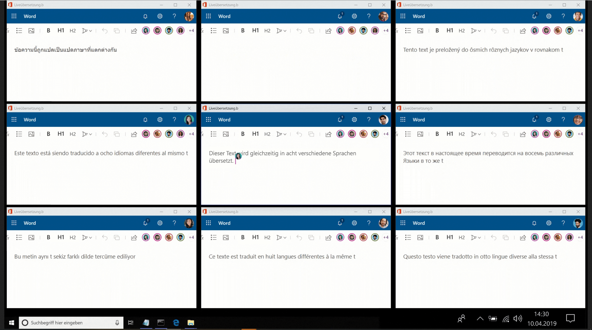 Screenshot von Fluid Framework bei der Liveübersetzung auf neun verschiedenen Bildschirmen