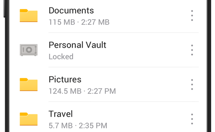 Mobilgerät mit Dateien im persönlichen Tresor von OneDrive