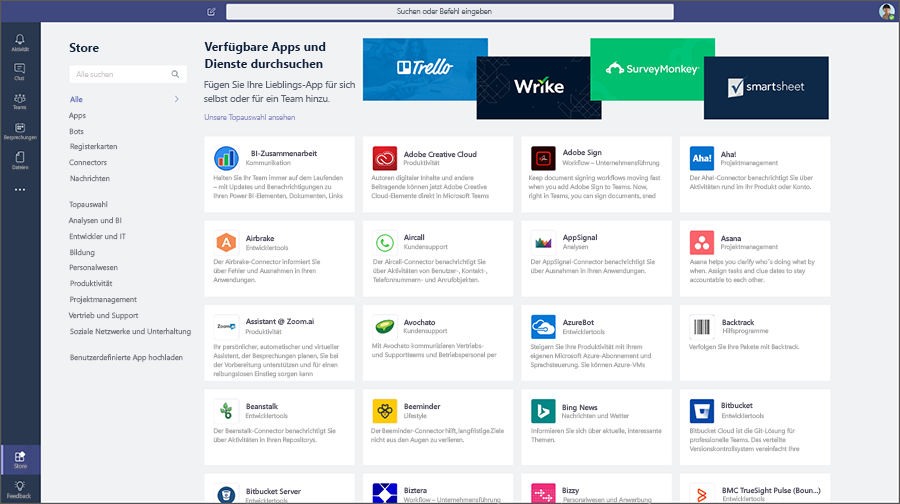 Store-Dashboard mit den für Microsoft Teams verfügbaren Apps
