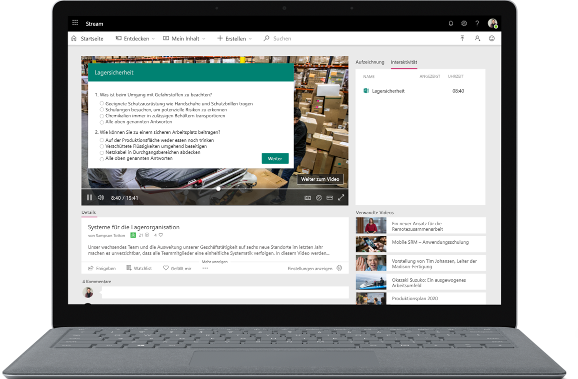 Ein geöffneter Laptop mit einer Microsoft Stream-Umfrage auf dem Bildschirm
