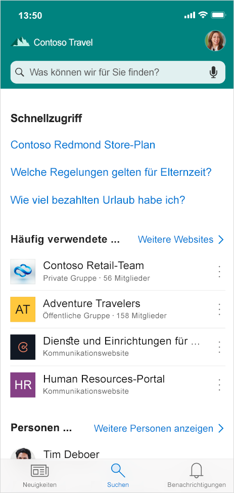 Abbildung der Suchregisterkarte in der mobilen SharePoint-App. Hier können Nutzer von unterwegs Kontakte, Inhalte und Antworten suchen und finden.