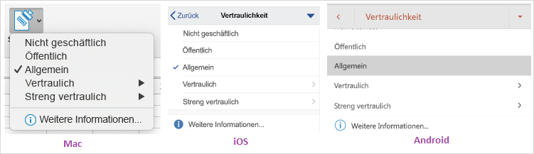 Screenshot der Dropdownliste "Vertraulichkeit" unter macOS, iOS und Android