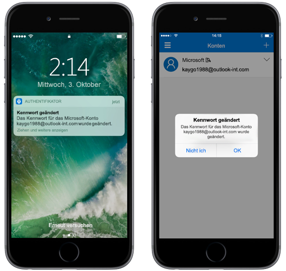 Abbildung von zwei Smartphones mit der Microsoft Authenticator-App und dem Hinweis auf eine Kennwortänderung
