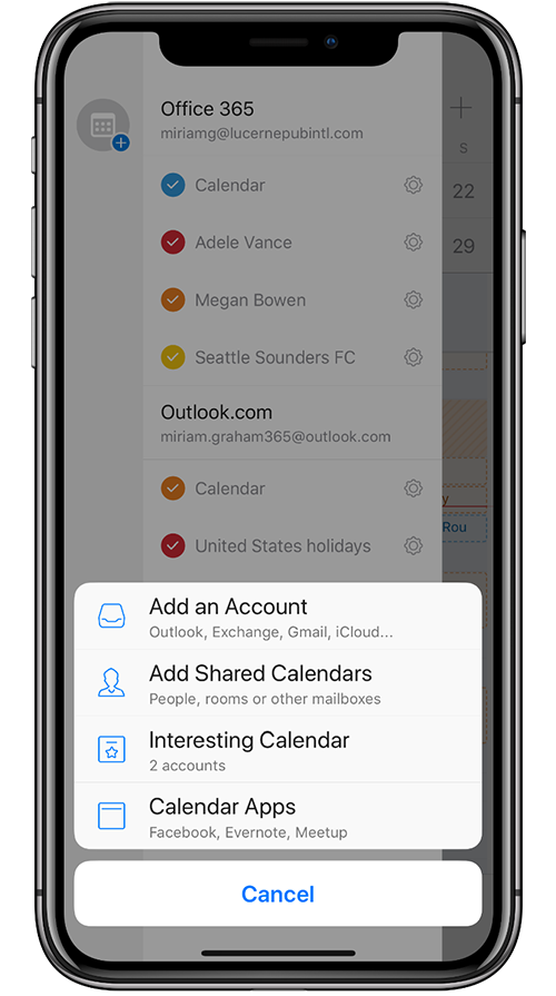 Image of a mobile device adding a Shared Calendar in Outlook mobile.