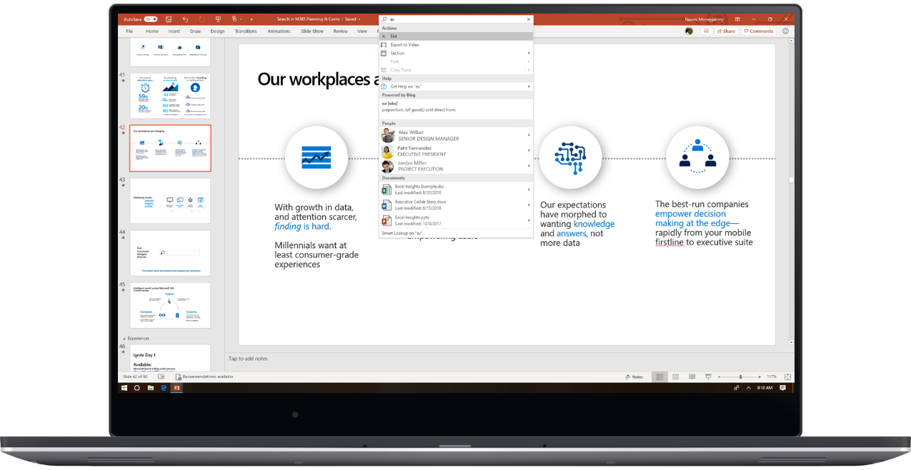 An image shows a laptop open to a PowerPoint deck in which the user is using Microsoft Search.