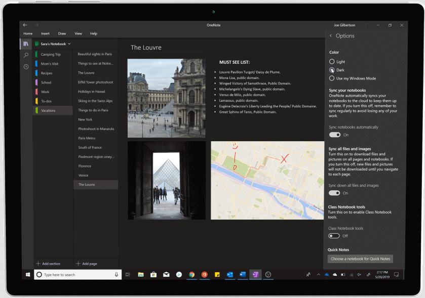 Screenshot of Dark Mode used in OneNote.