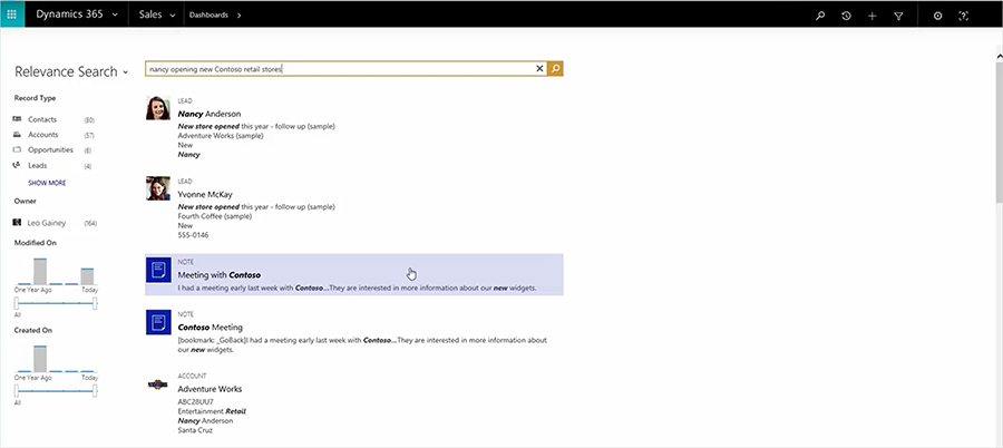 Screenshot showcasing the Relevance Search capability in Dynamics 365.