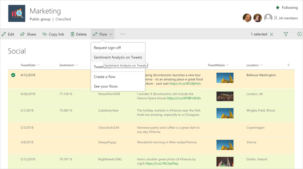 A screenshot shows Marketing analysis in Microsoft Flow.