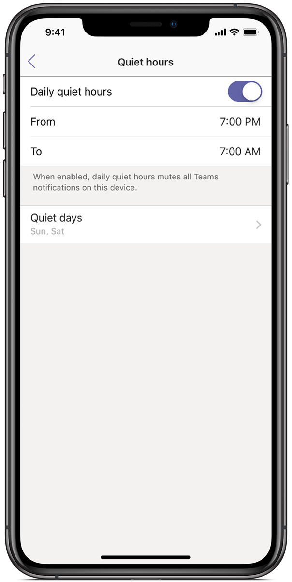 Image of a phone screen displaying Microsoft Teams, with quiet hours set from 7 p.m. to 7 a.m.