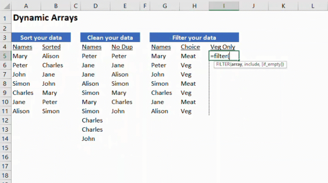 An animated image shows Dynamic Arrays in Excel.