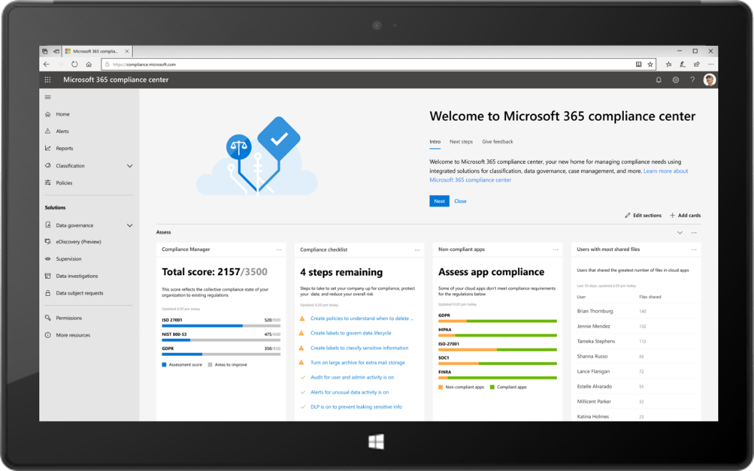 Image of a tablet displaying the new Microsoft 365 compliance center.