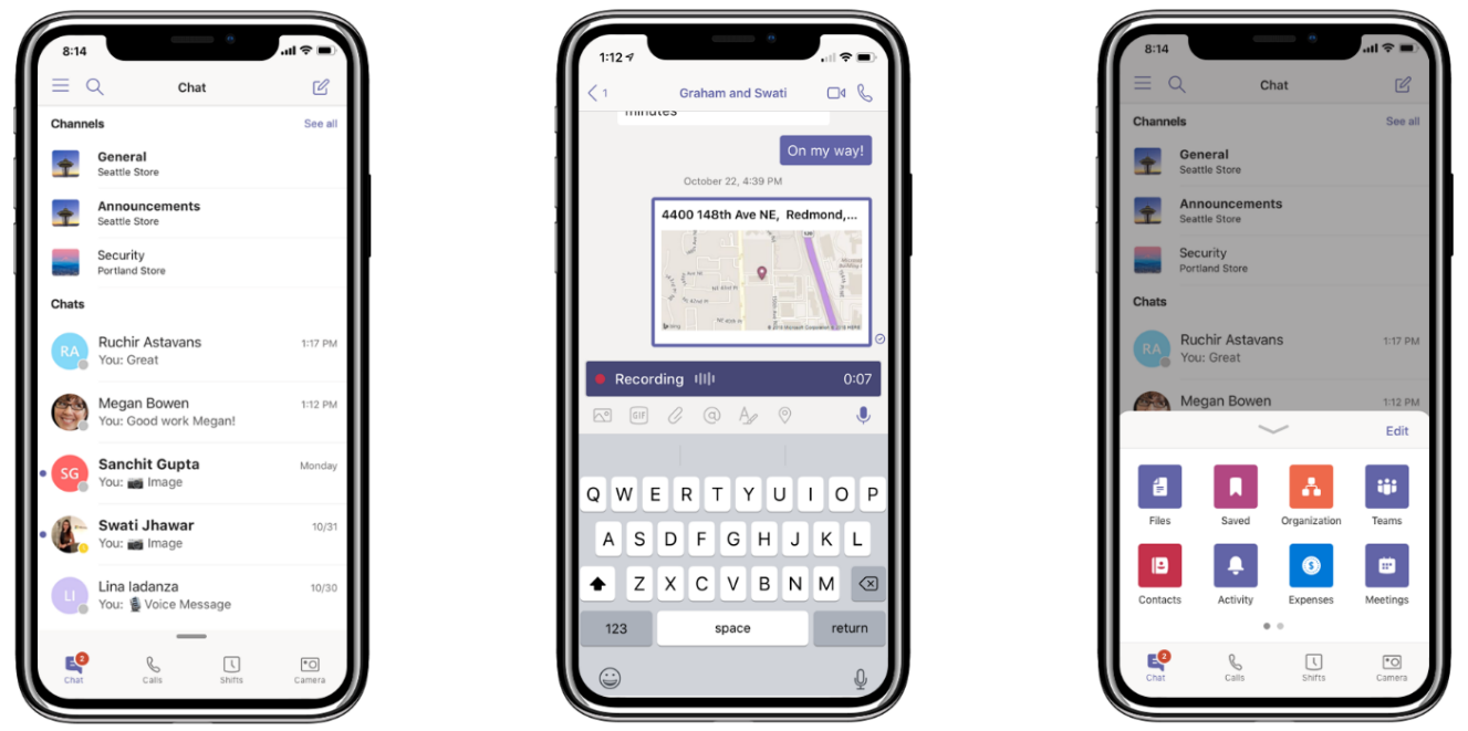 Image of three phones displaying Chat and call recording in Microsoft Teams.