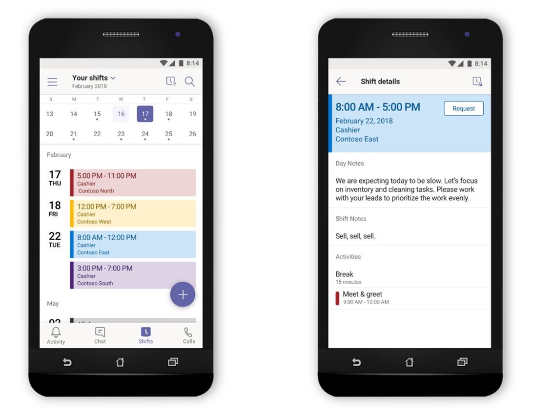 An image of two phones side by side displaying the Shifts feature in Microsoft Teams.