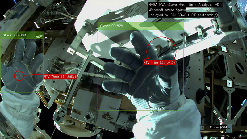 POV of an astronaut’s heads-up display as they inspect their spacewalk gloves while outside the International Space Station