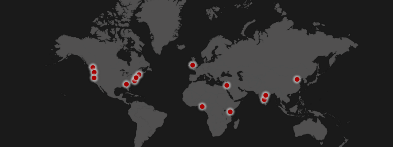 A map of the world, showing locations of The Garage: Redmond and Puget Sound; Vancouver, BC; Atlanta, GA; New England; New York City; Reston, VA/Washington DC; Ireland; Israel; China; Hyderabad; Bengaluru; Nigeria; Kenya;