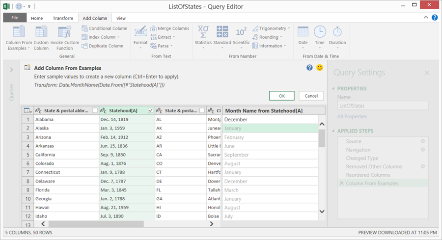 Query Editor dialog is displayed with Add Column selected so user can add a column from an example.