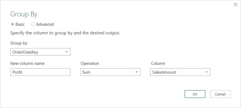 The Group By transform dialog is displayed with the Basic option selected. User can click the Advanced radio button to display the advanced options.