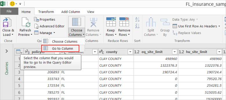 The Home tab is selected, and the Choose Columns menu is expanded to highlight the Go to Column option.