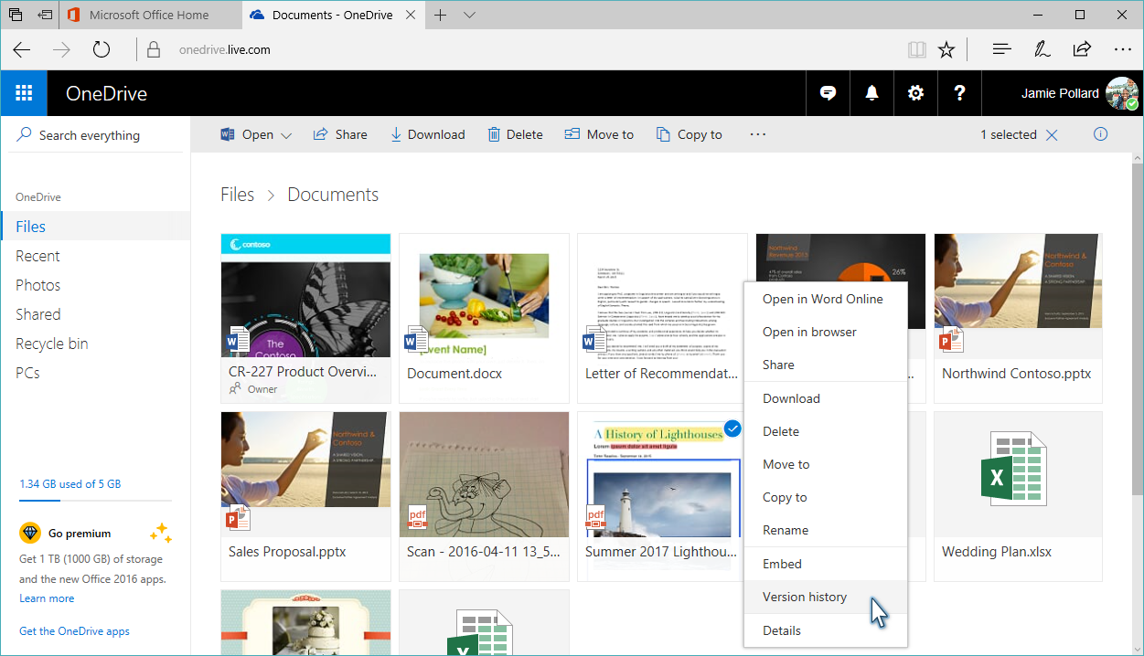 Image of the OneDrive Documents window with the menu displayed and Version History highlighted for selection.