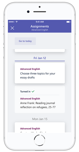 iPhone displays Assignments accessed in Microsoft Teams.