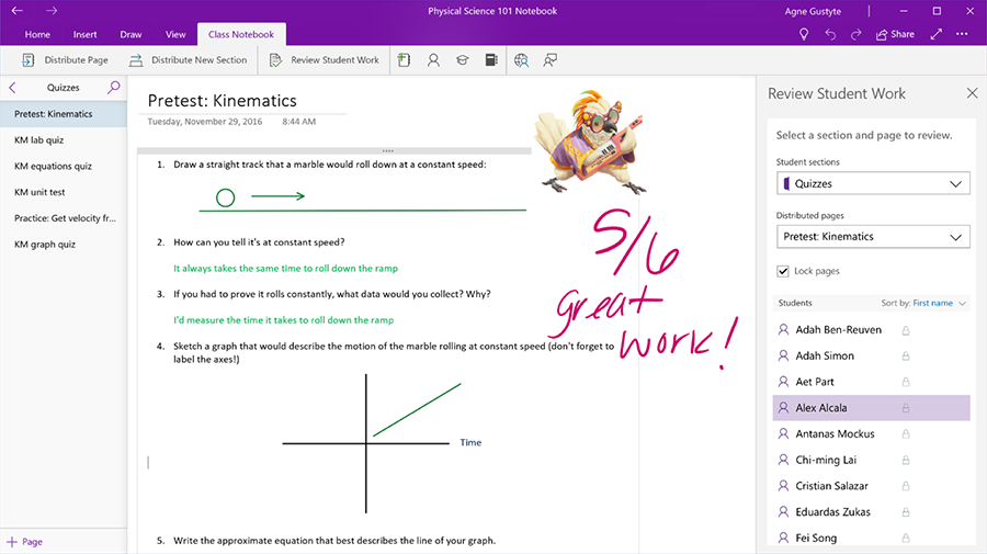 Screenshot displays a graded assignment in OneNote, upon which a sticker and the teacher's praise "great work!" appear.