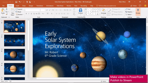 Animated screenshot displays a Microsoft Stream video published to PowerPoint.