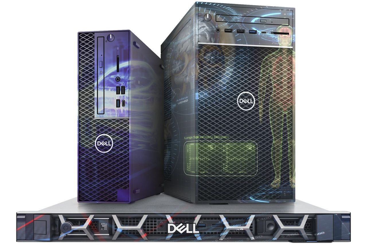 Image of three new Dell computers.