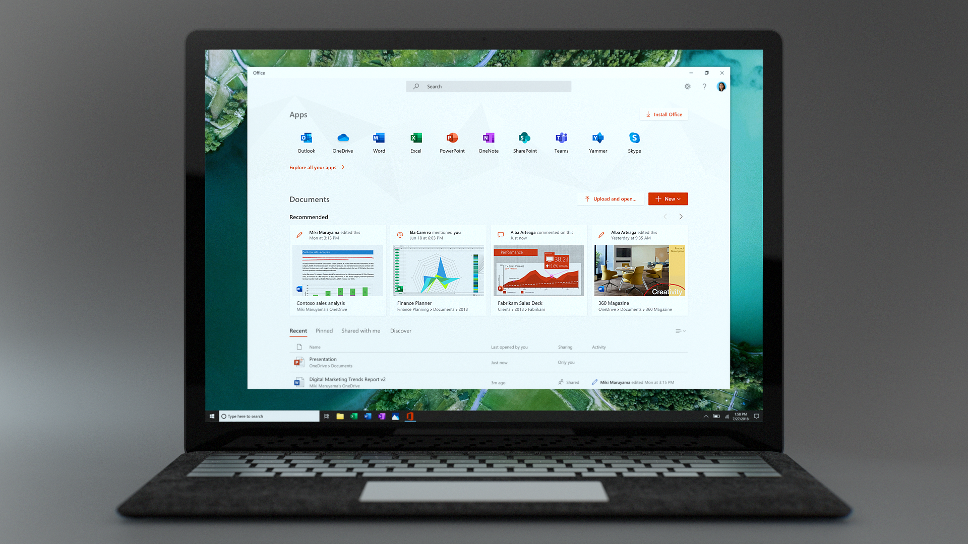 Image of a laptop open showing the new Office app on its screen.