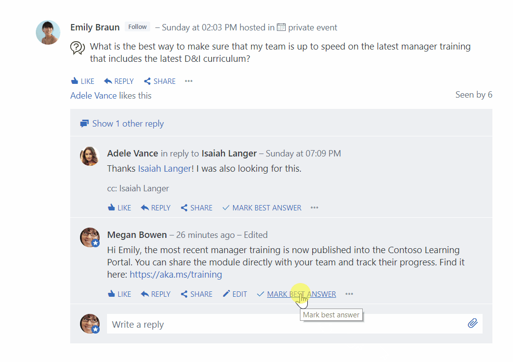 Image portraying Yammer question and answer functionality. A cursor clicks "mark best answer" on a person's reply.