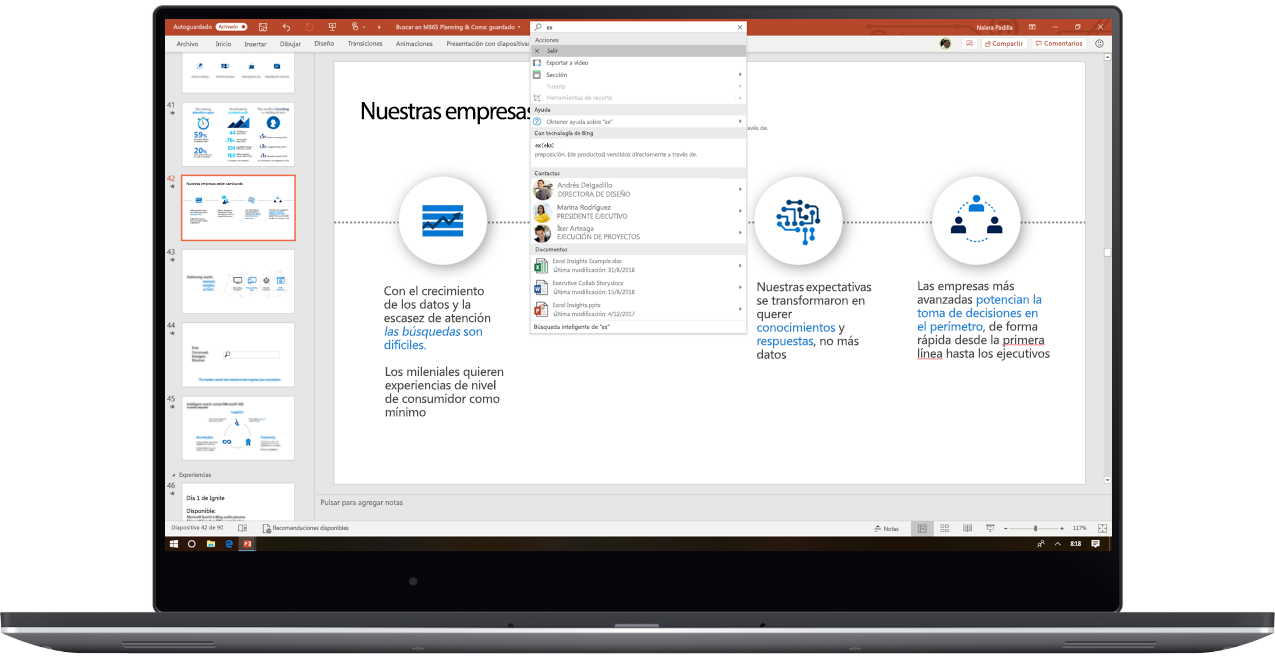 Una imagen en la que se muestra un equipo portátil con PowerPoint abierto, en el cual el usuario utiliza Búsqueda de Microsoft.